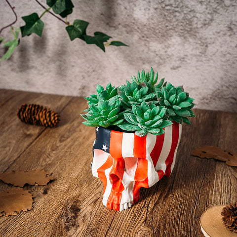 Skeleton Spooky Skull American Flag Plant Planter Pot 6" H