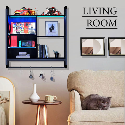 LED Floating Wall Shelf – Adjustable Glass Shelves, Hooks & RGB Lighting for Game Room