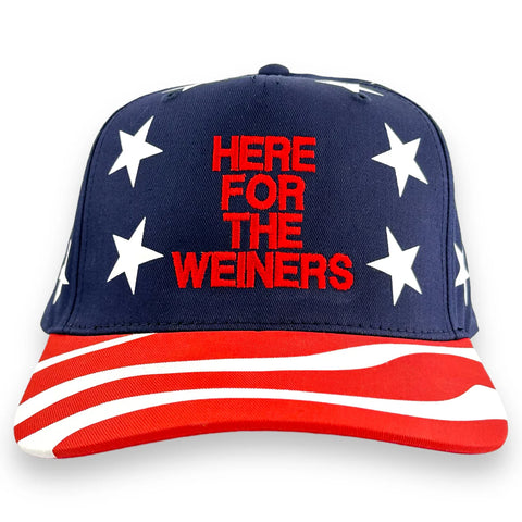 Custom Embroidered Red, White, and Blue American Flag Hat: Here for the Weiners