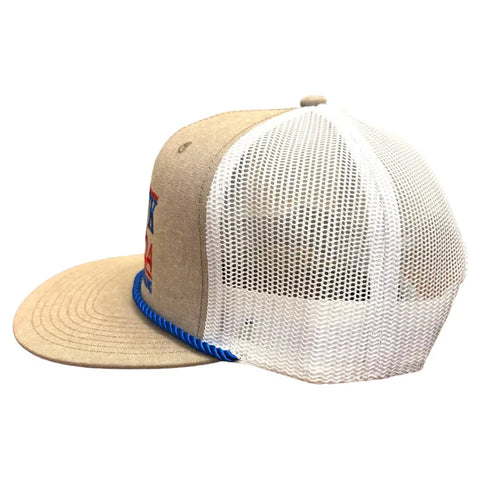 Hawk Tuah 24 'Spit on That Thang' Embroidered Tan and White Mesh Snapback Hat Cap with Blue Rope Custom Embroidery