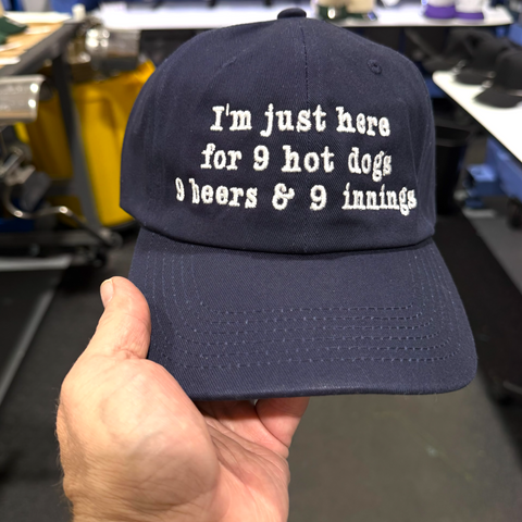 I’m Just Here for 9 Hot Dogs 9 Beers & 9 Innings Hat Funny Baseball Dad Cap
