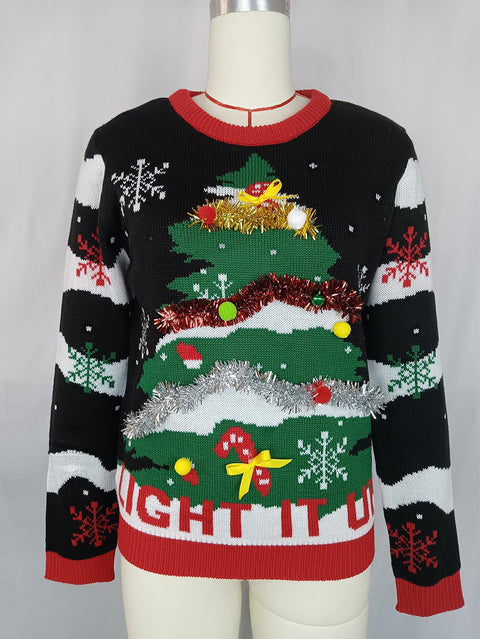 Christmas Tree Embroidery Crew Neck Ugly Christmas Sweater | NCS