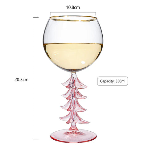 Crystal Christmas Holiday Tree Stemmed Wine Glass - Pink & Green - 12oz