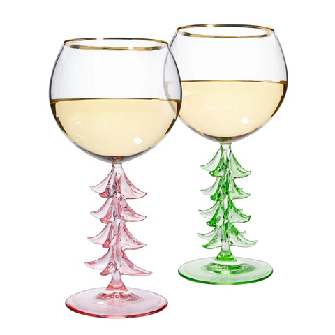 Crystal Christmas Holiday Tree Stemmed Wine Glass - Pink & Green - 12oz