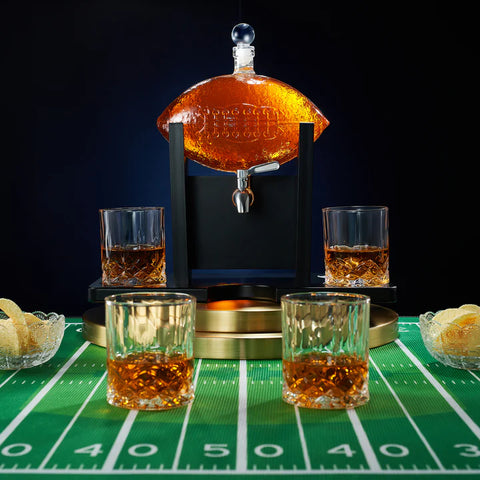 The Wine Savant Football Gifts for Men Dad - Decanter with Mahogany Holder Field Goal Holder + 4 Glasses & Footballs Chillers