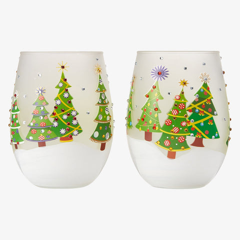 Christmas Tree Holiday Themed Wine & Water Glasses - Set of 2
