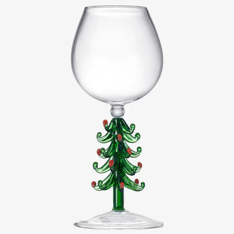 Crystal Christmas Holiday Tree Stemmed Wine Glass - Green - 10 oz Goblet