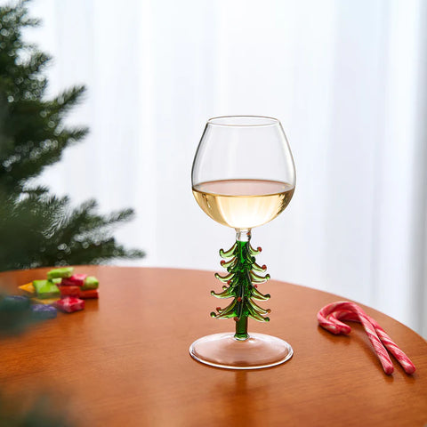 Crystal Christmas Holiday Tree Stemmed Wine Glass - Green - 10 oz