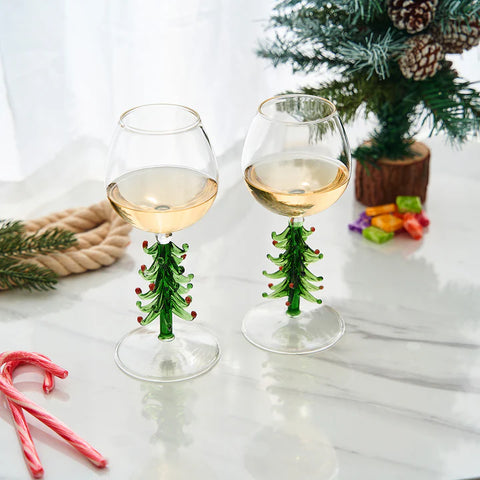 Crystal Christmas Holiday Tree Stemmed Wine Glass - Green - 10 oz