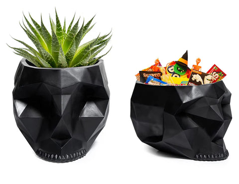 Skeleton Geometrical Skull Halloween Candy Bowl, Plant Planter Pot 6" Deep Polyresin Skulls