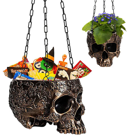 Skeleton Hanging Halloween Candy Bowl, Skull Plant Planter Pot Black - with Metal Chain & Hook - 6" H (Copper)