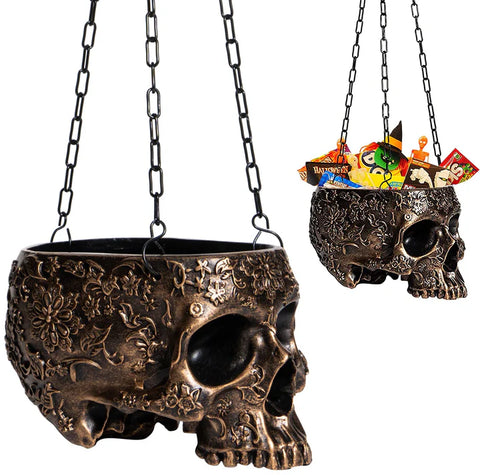 Skeleton Hanging Halloween Candy Bowl, Skull Plant Planter Pot Black - with Metal Chain & Hook - 6" H (Copper)