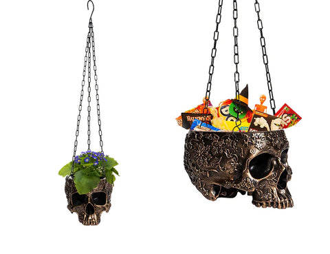 Skeleton Hanging Halloween Candy Bowl, Skull Plant Planter Pot Black - with Metal Chain & Hook - 6" H (Copper)