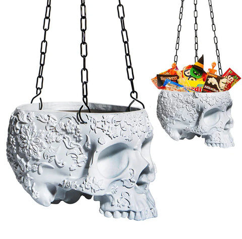 Skeleton Hanging Halloween Candy Bowl, Skull Plant Planter Pot Black - with Metal Chain & Hook - 6" (White)