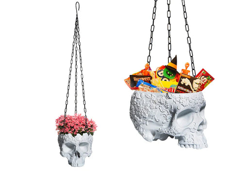 Skeleton Hanging Halloween Candy Bowl, Skull Plant Planter Pot Black - with Metal Chain & Hook - 6" (White)