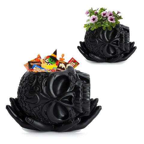 Skull Halloween Candy Bowl, Plant Planter Pot with Hand (Black)