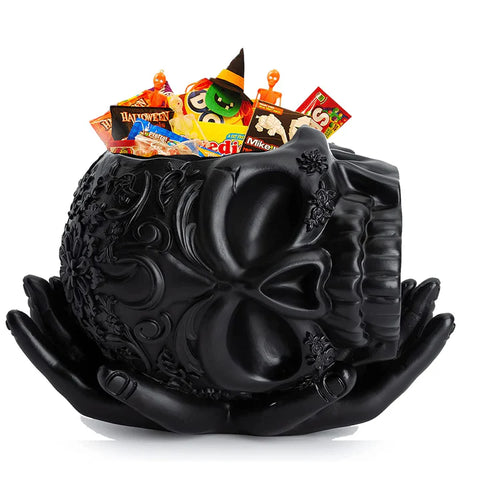 Skull Halloween Candy Bowl, Plant Planter Pot with Hand (Black)