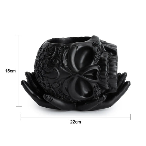 Skull Halloween Candy Bowl, Plant Planter Pot with Hand (Black)