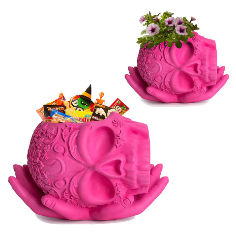 Skull Halloween Candy Bowl, Plant Planter Pot with Hand