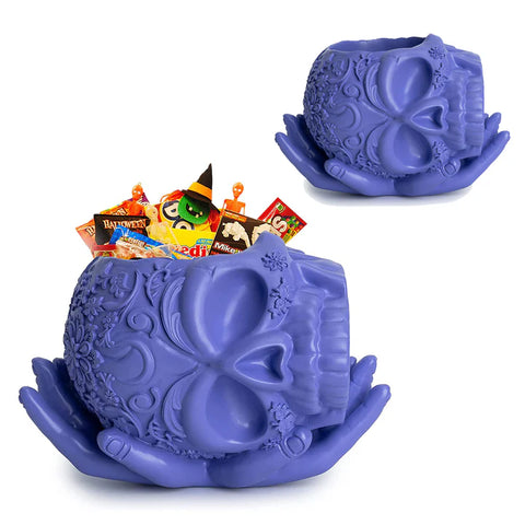 Skull Halloween Candy Bowl, Plant Planter Pot with Hand (Purple)