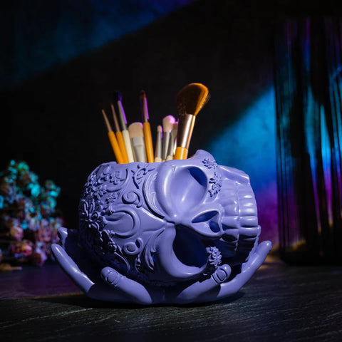 Skull Halloween Candy Bowl, Plant Planter Pot with Hand (Purple)