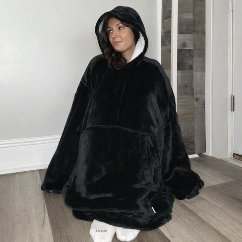 black Wearable Sherpa Blanket Hoodie oversize for Kids & Adults | OLM Toys