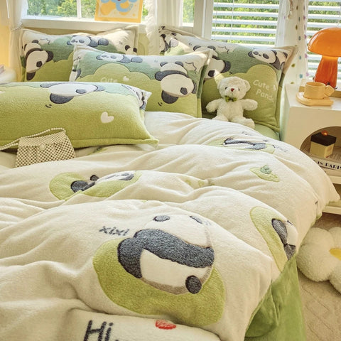 Kawaii Panda Forest Velvet Duvet Cover