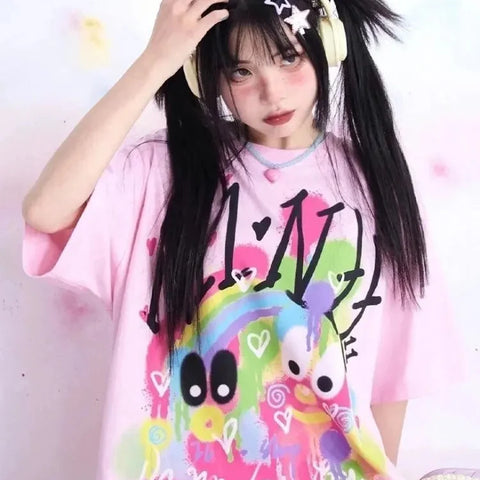 KOSAHIKI Pink Harajuku Graphic T-shirt