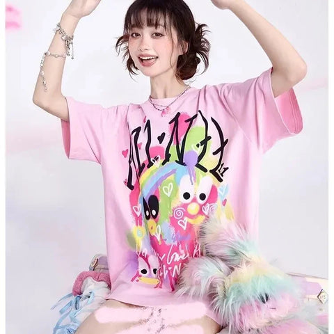 KOSAHIKI Pink Harajuku Graphic T-shirt