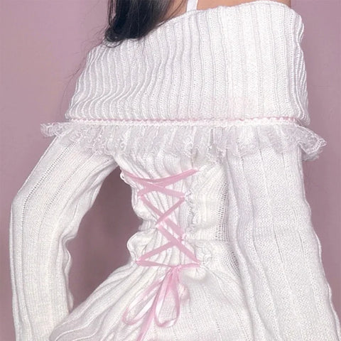 Coquette Off Shoulder Ribbon Sweater