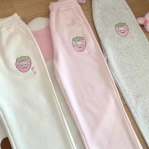 Kawaii Pastel Strawberry Puppy Casual Pants
