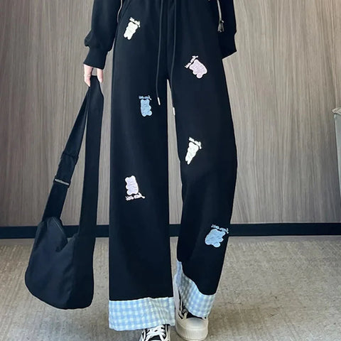 Kawaii Bear Embroidered Drawstring Pants