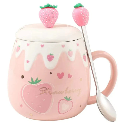 Pink Strawberry Mug With Lid & Spoon