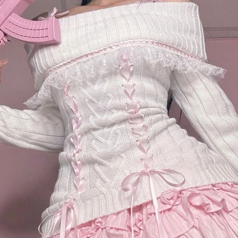 Coquette Off Shoulder Ribbon Sweater