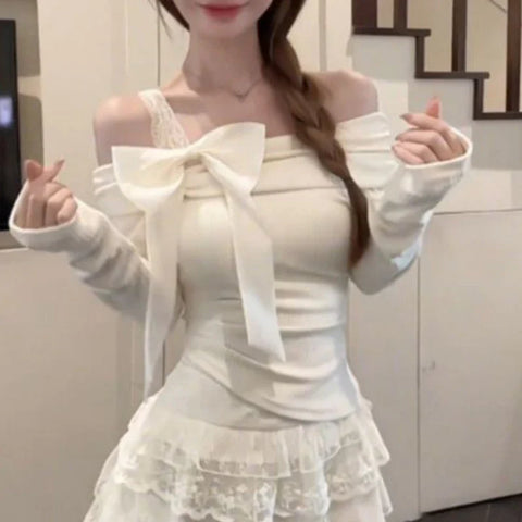 Sweet Bow Off-Shoulder Long Sleeve Shirt