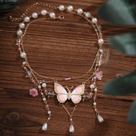 Butterfly Imitation Pearl Multi-Layer Necklace