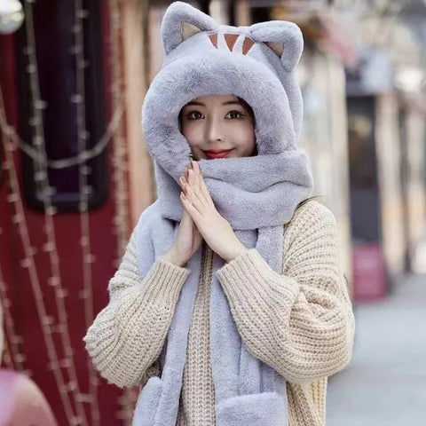 Kawaii Cat Winter Hat, Scarf, & Gloves Combo