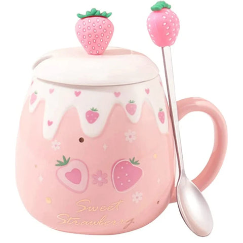 Pink Strawberry Mug With Lid & Spoon