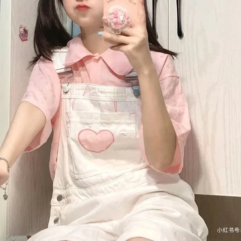 Pink Heart White Overalls