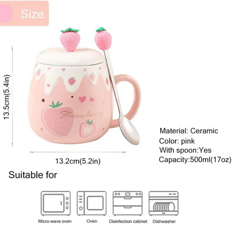 Pink Strawberry Mug With Lid & Spoon