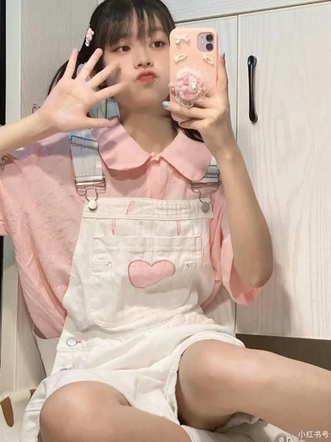 Pink Heart White Overalls