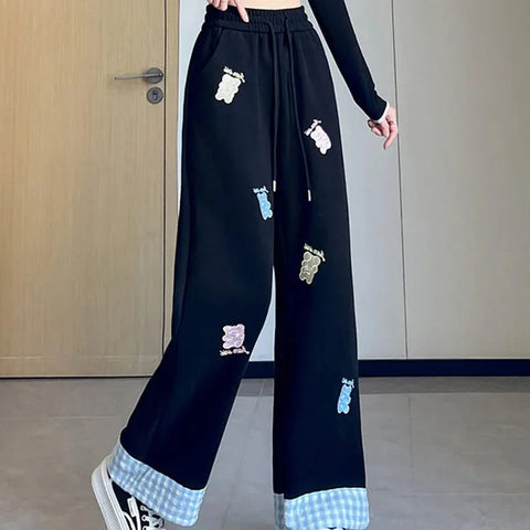 Kawaii Bear Embroidered Drawstring Pants