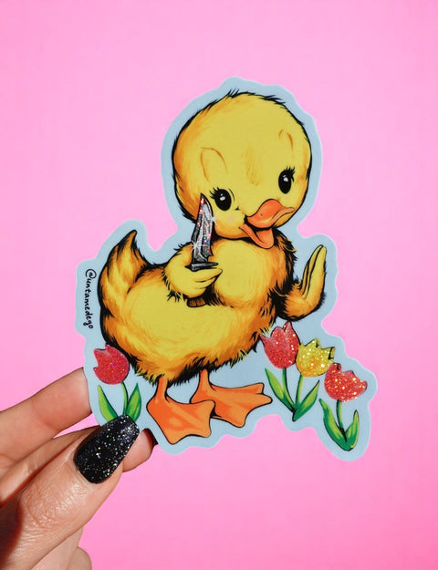 Funny Vinyl Sticker – Cute Duck with Knife – Waterproof Dark Humor Decal