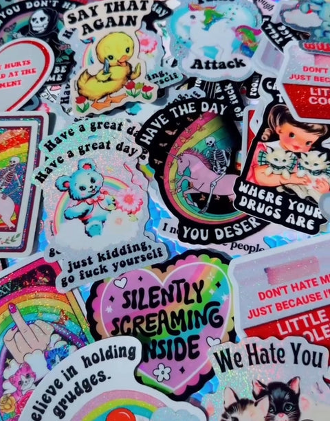 Mystery Unhinged Cute Sticker Pack – Funny Glitter Aesthetic Vinyl Stickers with Sass and Chaos for Laptops, and Water Bottles
