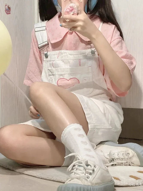 Pink Heart White Overalls