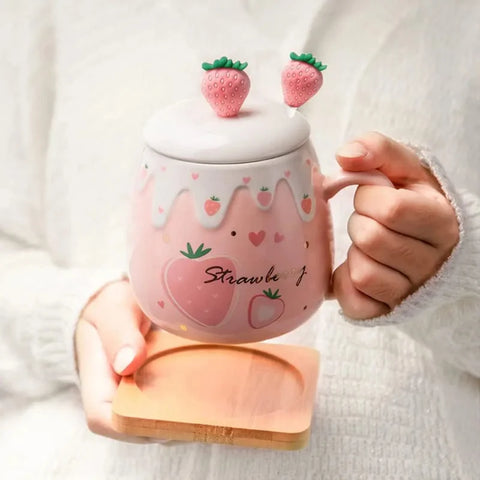 Pink Strawberry Mug With Lid & Spoon
