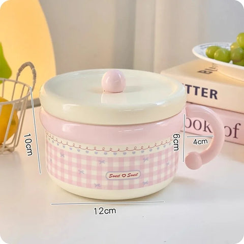 Kawaii Pastel Gingham Ramen Bowl With Lid