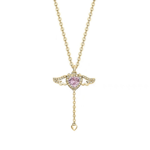 Pink Crystal Heart Angel Wings Pendant Necklace