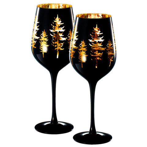 Crystal Winter Trees Black & Gold Stemmed Wine Glasses - Set of 2