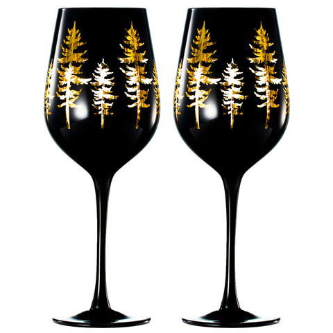 Crystal Winter Trees Black & Gold Stemmed Wine Glasses - Set of 2